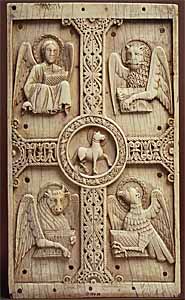Plaque with Agnus Dei on a Cross between Emblems of the Four Evangelists (1000-1050 AD), ivory, Benevento, south Italy, Metropolitan Museum of Art, New York, 9.25 x 5.4 x 3/8 in.