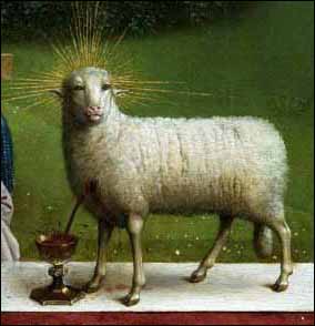 Detail. Adoration of the Lamb, by Jan van Eyck (1432), oil on wood, Ghent altarpiece, Cathedral of St. Bavo, Ghent.