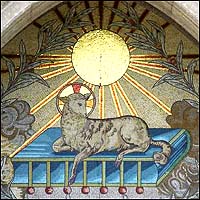 Ontario, Canada, church doorway, Behold the Lamb of God, mosaic with gilded sun above Lamb.