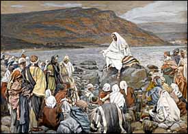 James J. Tissot, 'Jesus Teaches the People by the Sea' (1886-94), gouache on gray wove paper, 6.6 x 9.2 in., Brooklyn Museum, New York. 