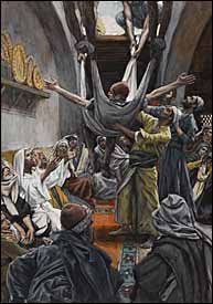 James J. Tissot, 'The Palsied Man Let Down through the Roof' (1886-94), gouache on gray wove paper, 9.6 x 6.6 in., Brooklyn Museum, New York.