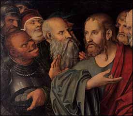 Lucas Cranach the Younger, detail from Christ and the Woman Taken in Adultery (after 1532), oil on copperplate, The Hermitage, St. Petersburg.