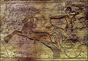 Rameses II and chariot at the Battle of Kadesh (1274 BC). Relief inside his Abu Simbel temple, Nubia, Southern Egypt. 