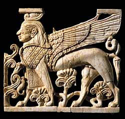 Cherubim are probably similar to the sphinx or winged bulls or lions found in the Ancient Near East. Striding sphinx. Phoenician, 899-700 B.C. From Nimrud, ivory, 6.9 cm x 7.75 cm.