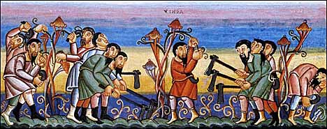 'Laborers in the Vineyard,' Codex Aureus of Echternach (1030-1040 AD), illuminated gospel book, Germanic National Museum, Munich