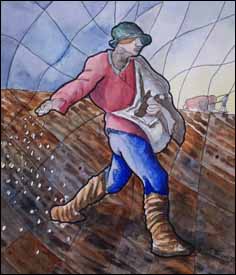 Ralph F. Wilson, detail of 'The Sower (after Millet)' (2023), original watercolor, 10 x 14 inches, private collection. Inspired by Jean-Francois Millet's 1850 painting.