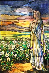 'Field of Lilies' (1910), stained glass window by Tiffany Studio, in Tiffany Gallery at the Smith Museum of Stained Glass Windows, Navy Pier, Chicago.