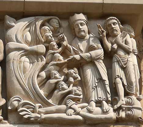 Lincoln Cathedral in Lincoln, England, is an amazing frieze (c. 1150 AD, restored in 2009) known as 'The Harrowing (or Plundering) of Hell'