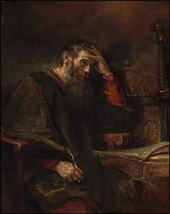 Rembrandt pictures St. Paul praying and writing. Rembrandt (and Workshop?), detail of 'Apostle Paul' (1657), Oil on canvas, National Gallery of Art, Washington, DC, 40.9 x 51.6 in.