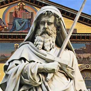 Giuseppe Obici (1807-1878), statue of St. Paul, courtyard of the Papal Basilica of Saint Paul outside the Walls, Rome. Carrara marble. 