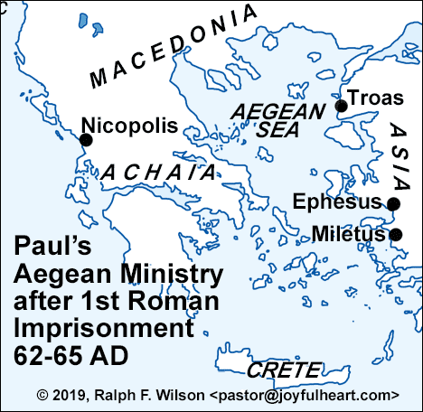 Map: Paul's Aegean Ministry following his first Roman imprisonment (62-65 AD).