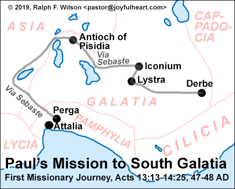 Map: Paul's Mission to South Galatia, First Missionary Journey, Acts 13:13-14-25, 47-48 AD