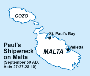 Map: Paul's Shipwreck on Malta (September 59 AD, Acts 27:27-28:10).