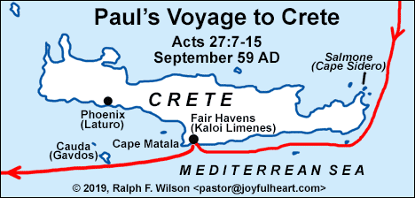 Map: Paul's voyage to Crete (Acts 27:7-15, September 59 AD).