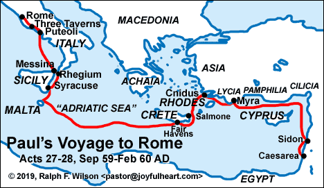 Map: Paul's Voyage to Rome (Acts 27-28, Sep 59 to Feb 60 AD).