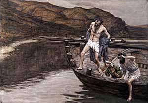 James J. Tissot, 'Peter Alerted by John to the Presence of the Lord, Casts Himself into the Water' (1894-1898), gouache on gray wove paper, Brooklyn Museum, New York.