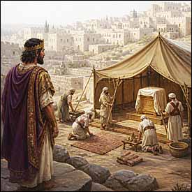 David viewing the ark on the tent he pitched for it in Jerusalem (2 Samuel 6:17; 1 Chronicles 15:1)
