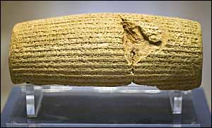 The Cyrus Cylinder (front, written 539-538 BC), Babylon, now in the British Museum, London.