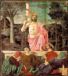 Piero della Francesca (1420-1492),"Resurrection" (1463-65), Mural in fresco and tempera, 225 x 200 cm, Pinacoteca Comunale, Sansepolcro, Italy.