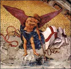 Luca Signorelli (c. 1450-1532), Angel Blowing Horn at the Resurrection on the Last Day, right side detail from 'Resurrection of the Flesh' (1499-1502)