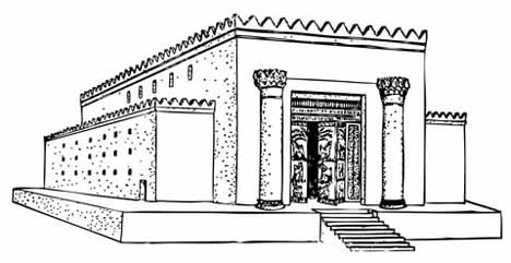 Solomon's Temple (Steven's reconstruction), drawn from specifications prepared by W. F. Albright and G. Ernest Wright. G. Ernest Wright, Biblical Archaeology (Philadelphia: Westminster Press, 1957).