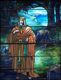 'Hiram King of Tyre' (1911), Tiffany Studios stained glass, 8 x 5.5 ft.; Masonic Care Community, Tompkins Memorial Chapel, Utica, New York.