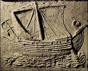 Phoenician ship carved on a sarcophagus, 2nd century AD. From the old port of Sidon in Lebanon, now in Musee du Louvre, Paris.