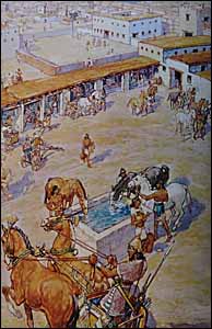 Henry J. Soulen, 'Solomon's Chariot Stables in Megiddo' (1967), detail of illustration in Everyday Life in Bible Times (National Geographic Society, 1967), p. 232.