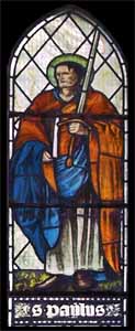Edward Burne-Jones (1833-1898), 'St. Paul' (c. 1874), stained glass, manufactured by William Morris, Ponsonby Church, Cumbria, UK. 