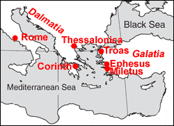 Map of cities mentioned in 2 Timothy 4