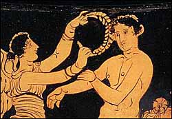 Greek athlete being crowned by Nike. Detail on red figure krater, unknown provenance.