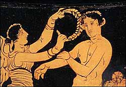 Greek athlete being crowned by Nike. Red figure krater, unknown provenance.