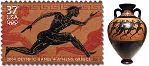 US 2004 postage stamp by Richard Sheaff and Lonnie Busch reminiscent of ancient Greek black-figure vases, such as a terracotta panathenaic amphora (ca. 530 BC)