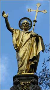 Bertram Mackennal (Australian sculptor, 1863--1931), 'New Paul' s Cross' (1910), bronze, St. Paul' s Cathedral church-yard, London. 