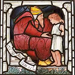 Edward Burne-Jones, 'Eli con Samuel' (1897), vidriera, Iglesia de Martin, Brampton, Cumbria, Inglaterra. El diseo se utiliz por primera vez en la Iglesia de Cristo, Oxford. (1872).